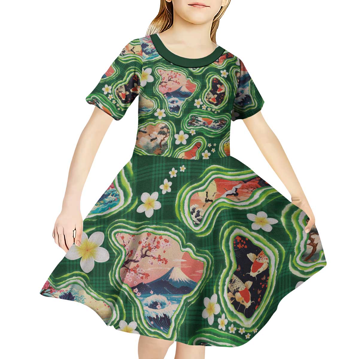 Hawaiian and Japanese Culture Together Kid Short Sleeve Dress Hawaiian Island Shapes with Japanese Landscape Green Color