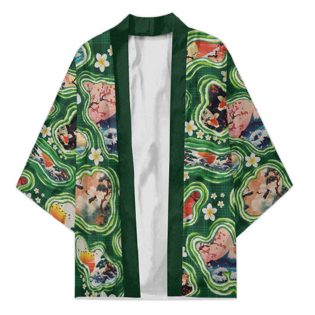Hawaiian and Japanese Culture Together Kimono Hawaiian Island Shapes with Japanese Landscape Green Color LT03 Unisex Green - Polynesian Pride
