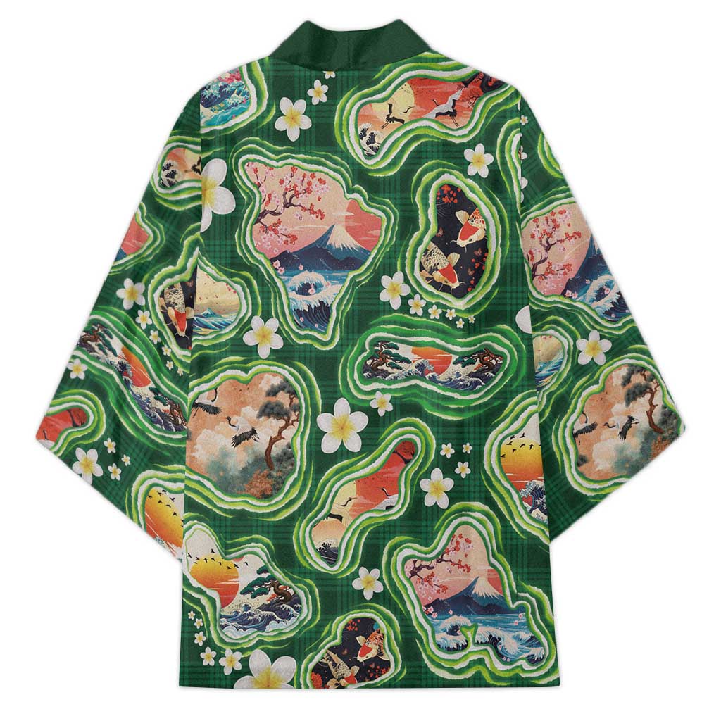 Hawaiian and Japanese Culture Together Kimono Hawaiian Island Shapes with Japanese Landscape Green Color