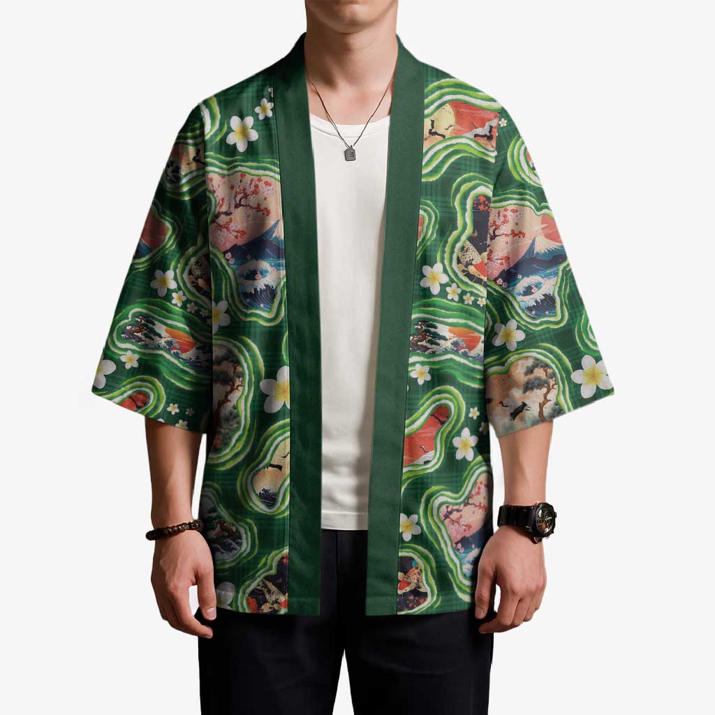 Hawaiian and Japanese Culture Together Kimono Hawaiian Island Shapes with Japanese Landscape Green Color