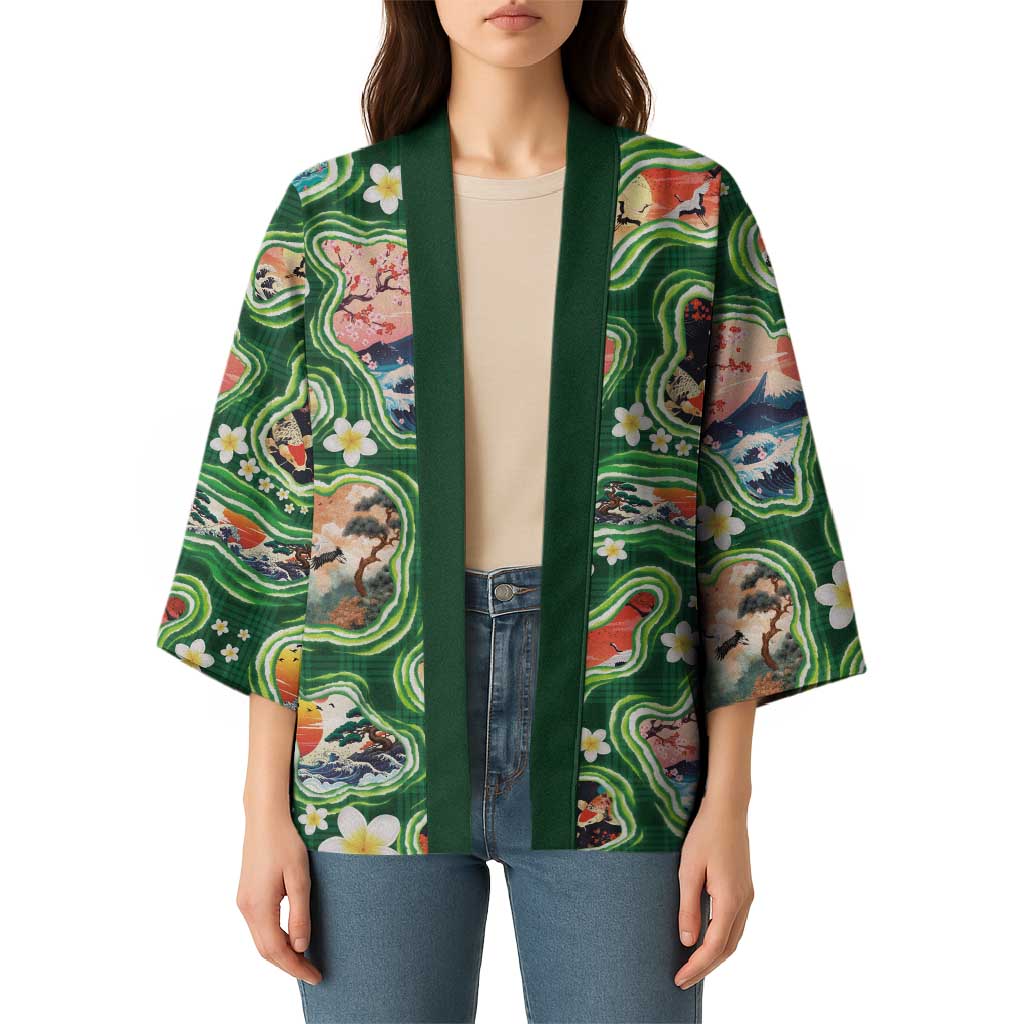 Hawaiian and Japanese Culture Together Kimono Hawaiian Island Shapes with Japanese Landscape Green Color
