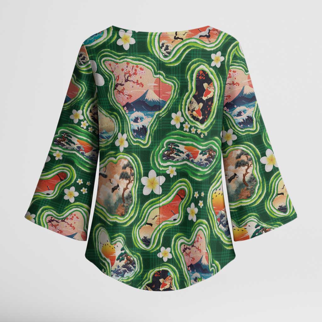 Hawaiian and Japanese Culture Together Kimono Sleeve Blouse Hawaiian Island Shapes with Japanese Landscape Green Color