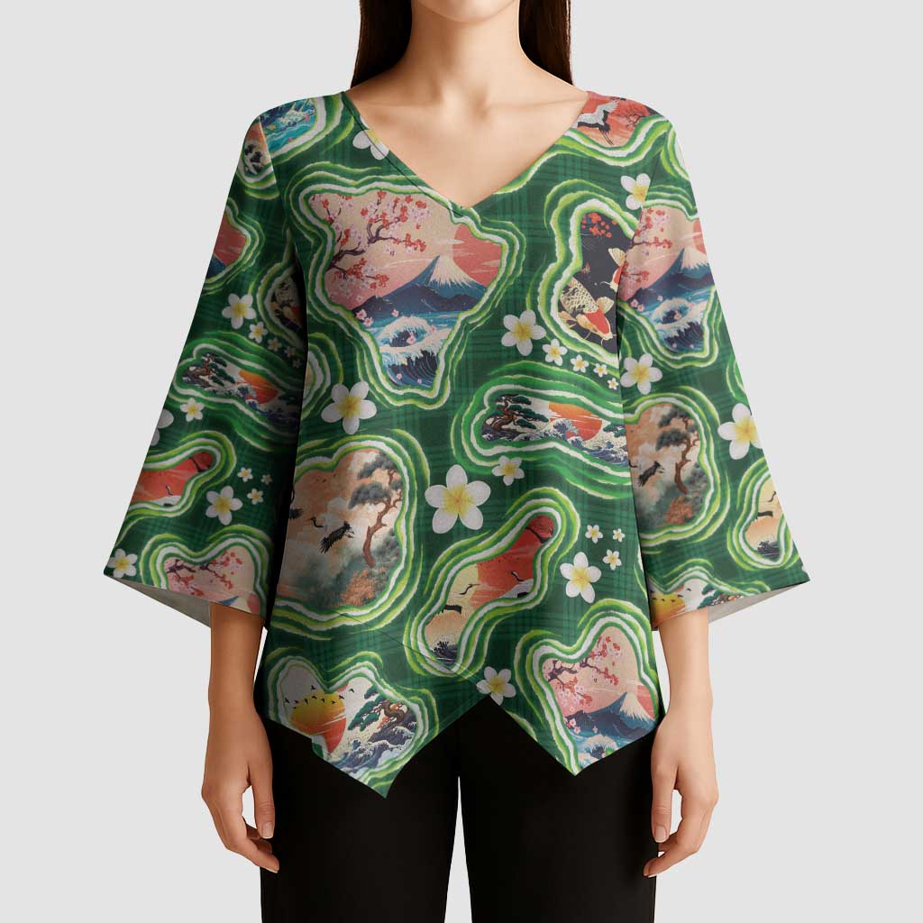 Hawaiian and Japanese Culture Together Kimono Sleeve Blouse Hawaiian Island Shapes with Japanese Landscape Green Color