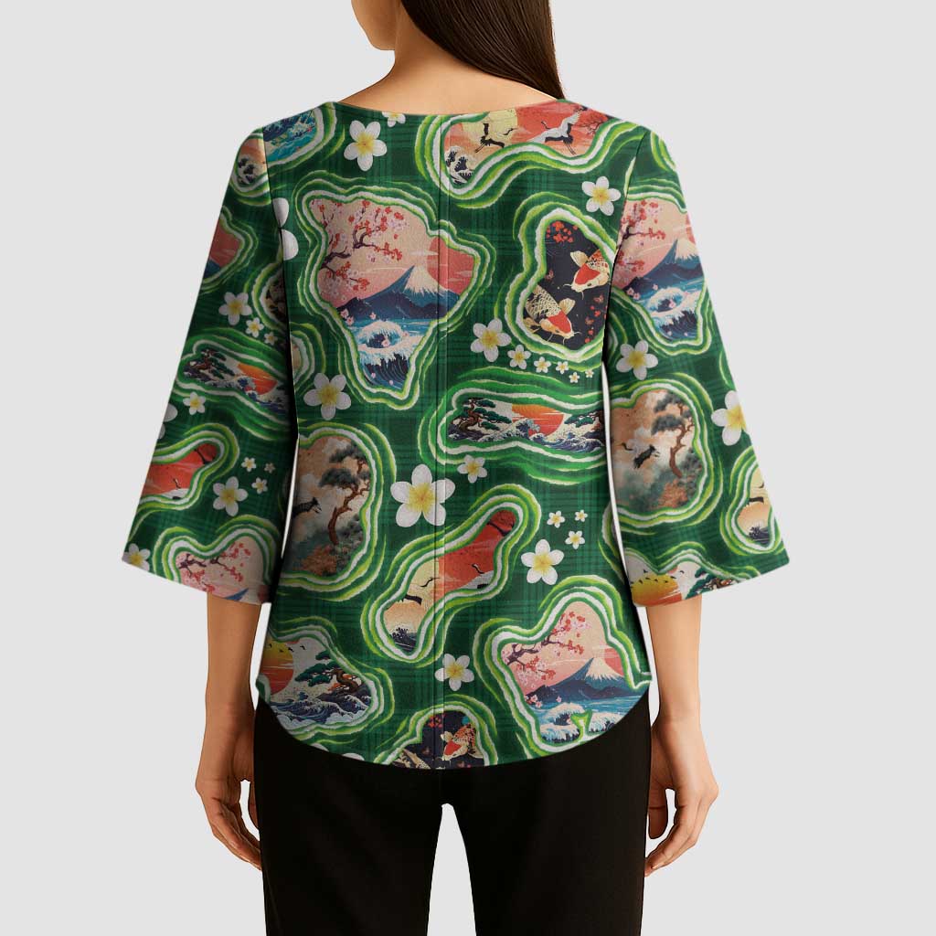 Hawaiian and Japanese Culture Together Kimono Sleeve Blouse Hawaiian Island Shapes with Japanese Landscape Green Color