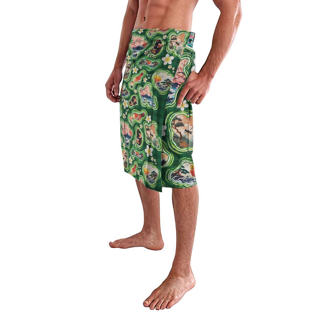 Hawaiian and Japanese Culture Together Lavalava Hawaiian Island Shapes with Japanese Landscape Green Color