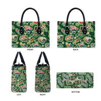 Hawaiian and Japanese Culture Together Leather Bag Hawaiian Island Shapes with Japanese Landscape Green Color