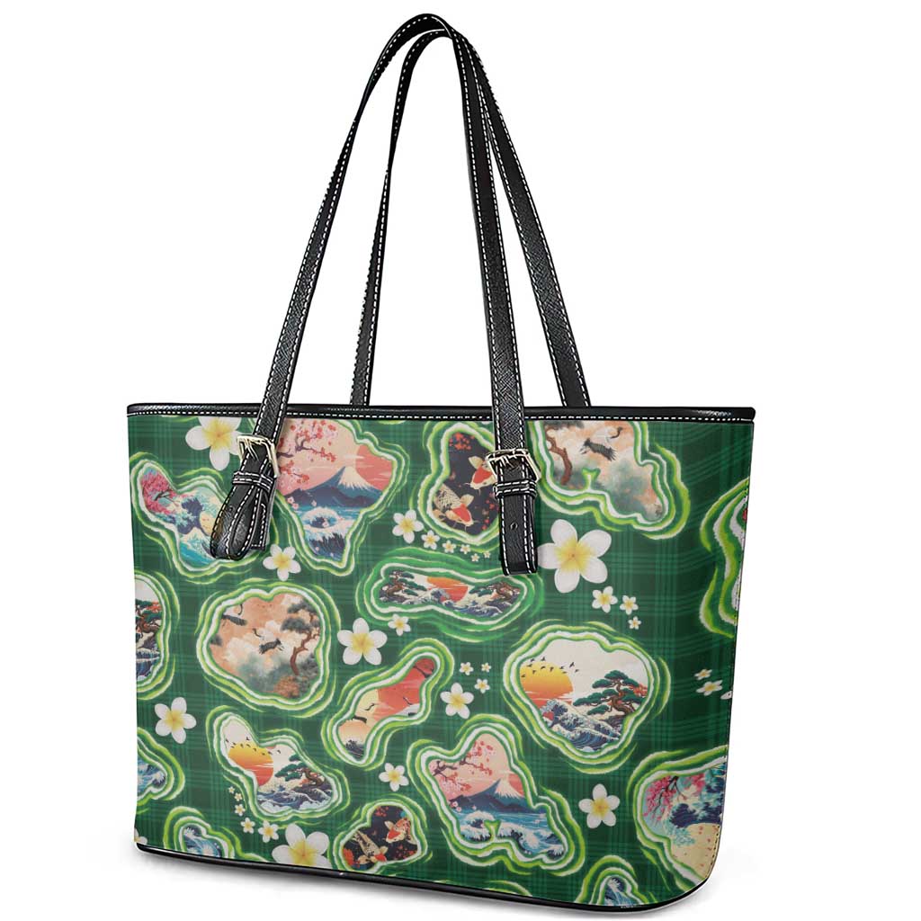 Hawaiian and Japanese Culture Together Leather Tote Bag Hawaiian Island Shapes with Japanese Landscape Green Color