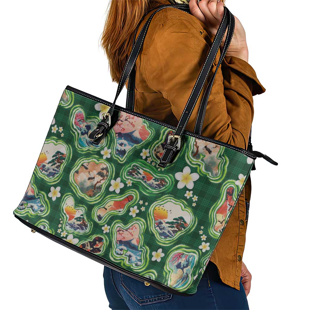 Hawaiian and Japanese Culture Together Leather Tote Bag Hawaiian Island Shapes with Japanese Landscape Green Color