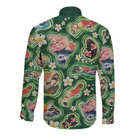 Hawaiian and Japanese Culture Together Long Sleeve Button Shirt Hawaiian Island Shapes with Japanese Landscape Green Color