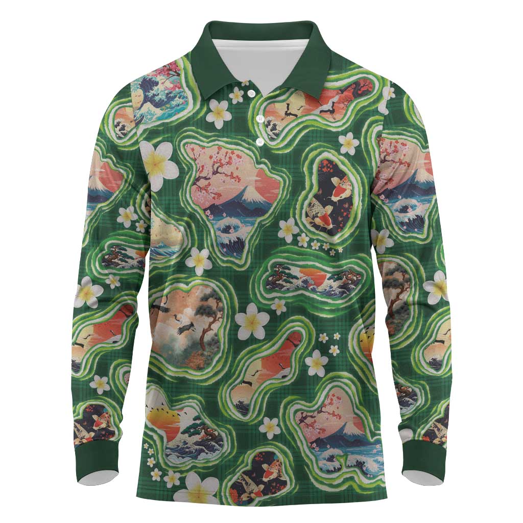 Hawaiian and Japanese Culture Together Long Sleeve Polo Shirt Hawaiian Island Shapes with Japanese Landscape Green Color