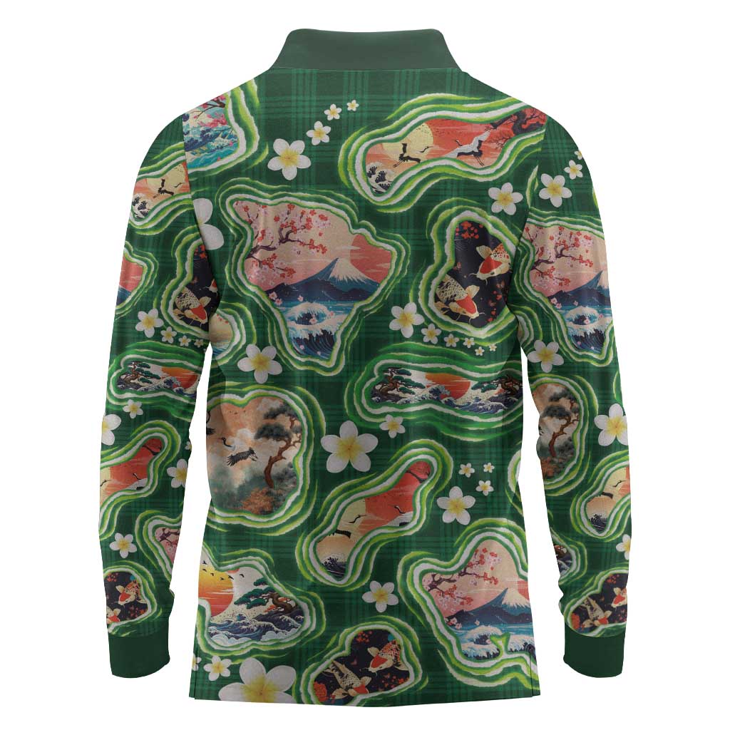 Hawaiian and Japanese Culture Together Long Sleeve Polo Shirt Hawaiian Island Shapes with Japanese Landscape Green Color