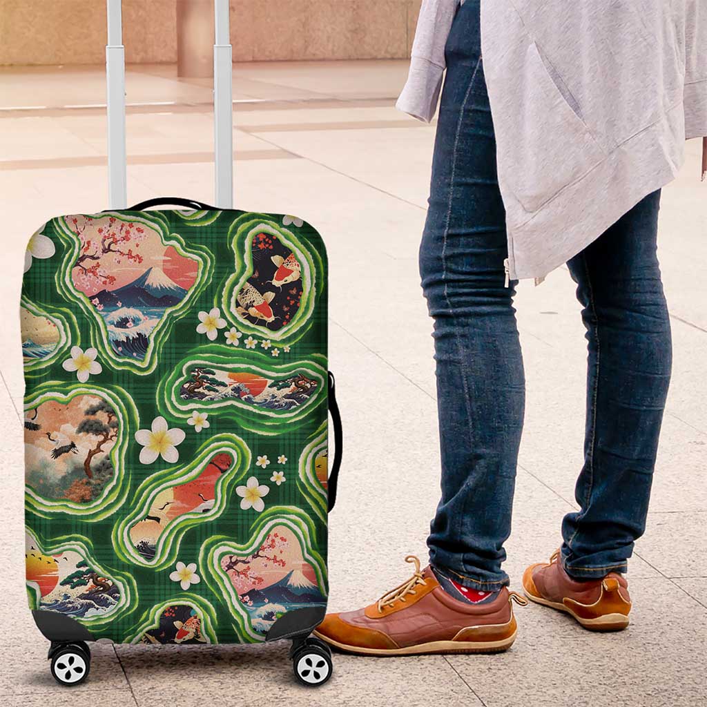 Hawaiian and Japanese Culture Together Luggage Cover Hawaiian Island Shapes with Japanese Landscape Green Color