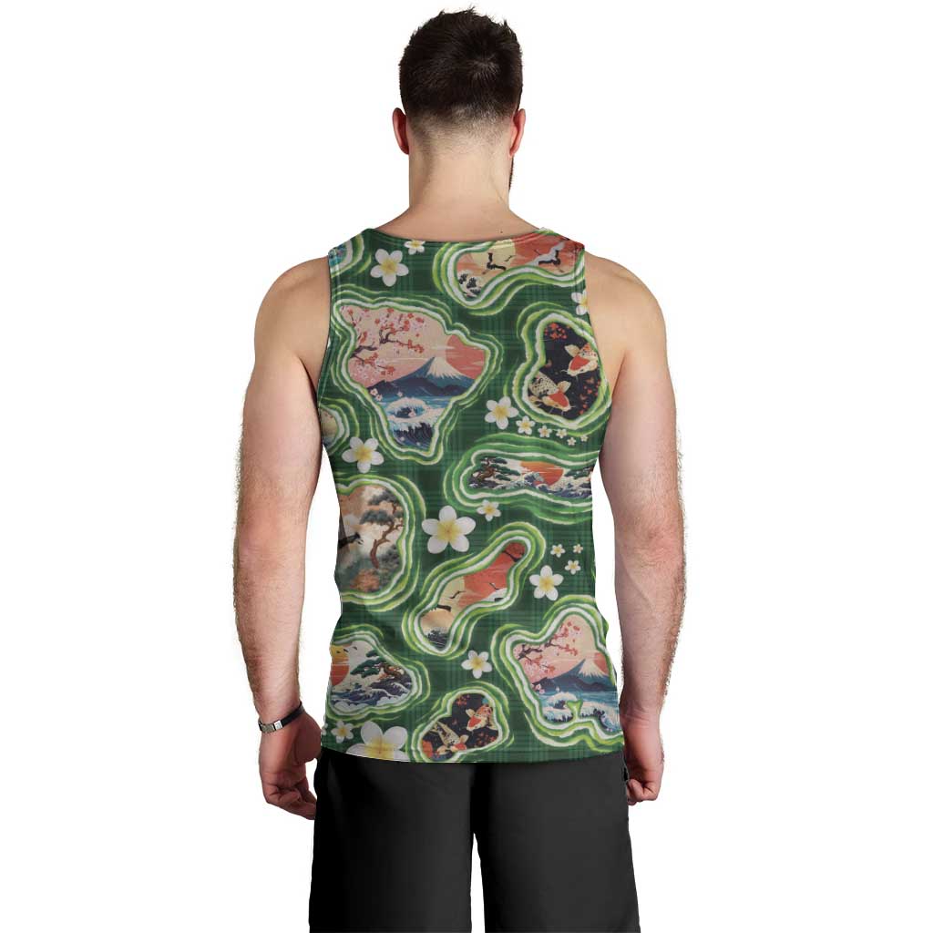 Hawaiian and Japanese Culture Together Men Tank Top Hawaiian Island Shapes with Japanese Landscape Green Color