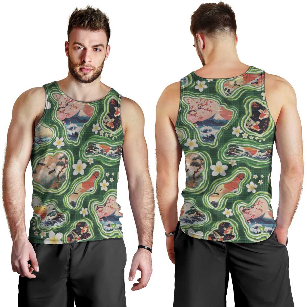 Hawaiian and Japanese Culture Together Men Tank Top Hawaiian Island Shapes with Japanese Landscape Green Color