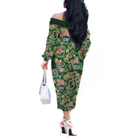 Hawaiian and Japanese Culture Together Off The Shoulder Long Sleeve Dress Hawaiian Island Shapes with Japanese Landscape Green Color