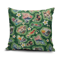 Hawaiian and Japanese Culture Together Pillow Cover Hawaiian Island Shapes with Japanese Landscape Green Color