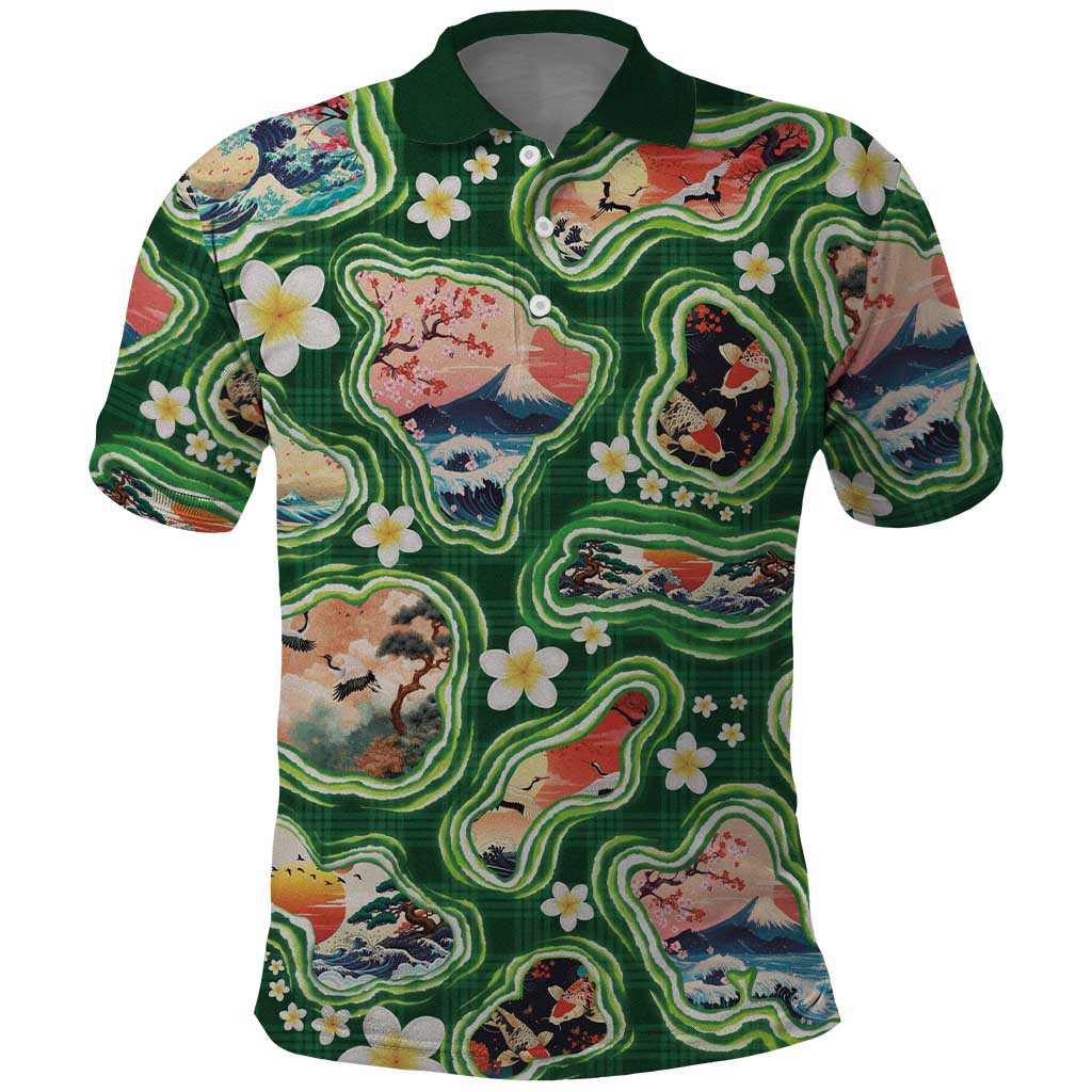 Hawaiian and Japanese Culture Together Polo Shirt Hawaiian Island Shapes with Japanese Landscape Green Color