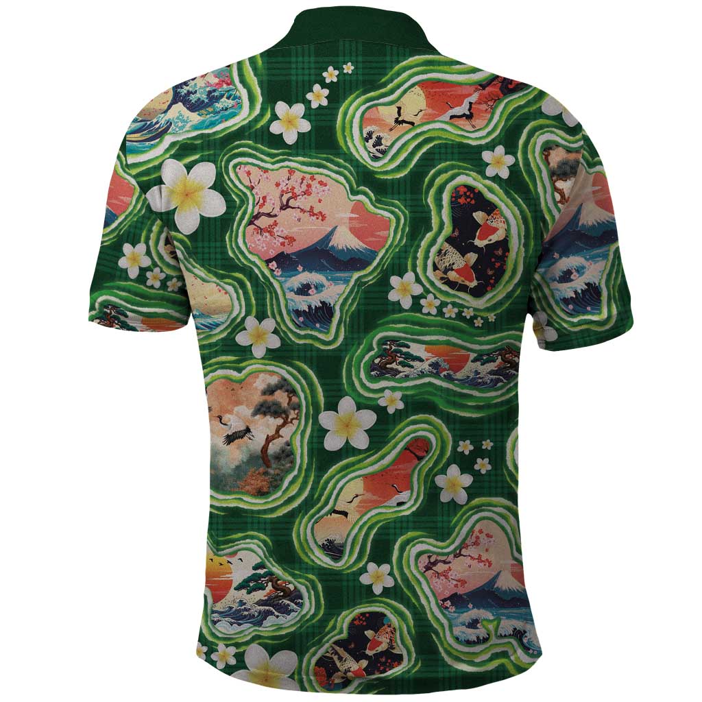 Hawaiian and Japanese Culture Together Polo Shirt Hawaiian Island Shapes with Japanese Landscape Green Color