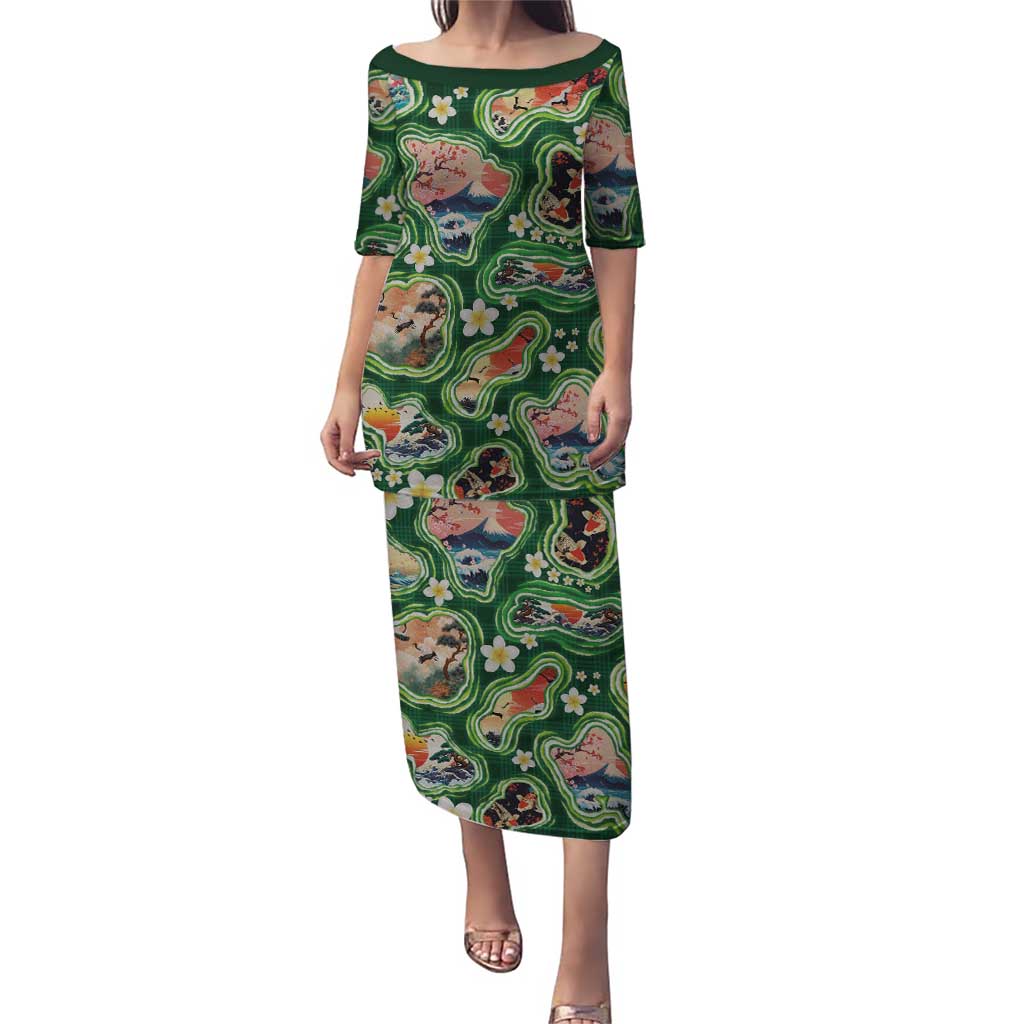 Hawaiian and Japanese Culture Together Puletasi Hawaiian Island Shapes with Japanese Landscape Green Color LT03 Long Dress Green - Polynesian Pride