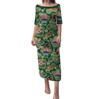 Hawaiian and Japanese Culture Together Puletasi Hawaiian Island Shapes with Japanese Landscape Green Color