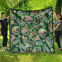 Hawaiian and Japanese Culture Together Quilt Hawaiian Island Shapes with Japanese Landscape Green Color