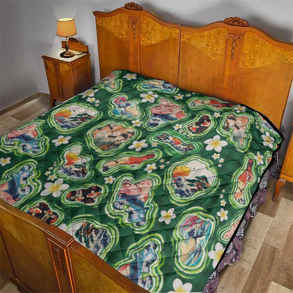 Hawaiian and Japanese Culture Together Quilt Hawaiian Island Shapes with Japanese Landscape Green Color