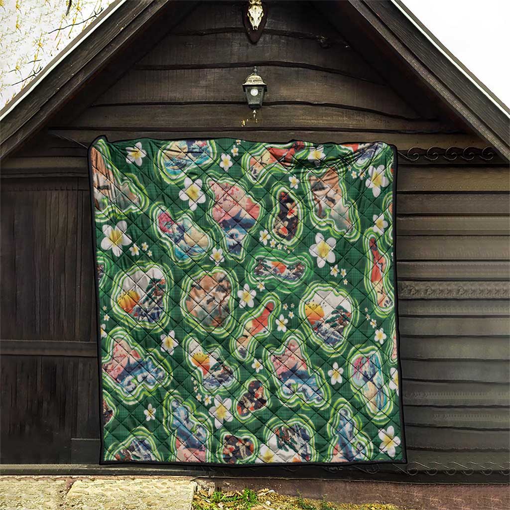 Hawaiian and Japanese Culture Together Quilt Hawaiian Island Shapes with Japanese Landscape Green Color