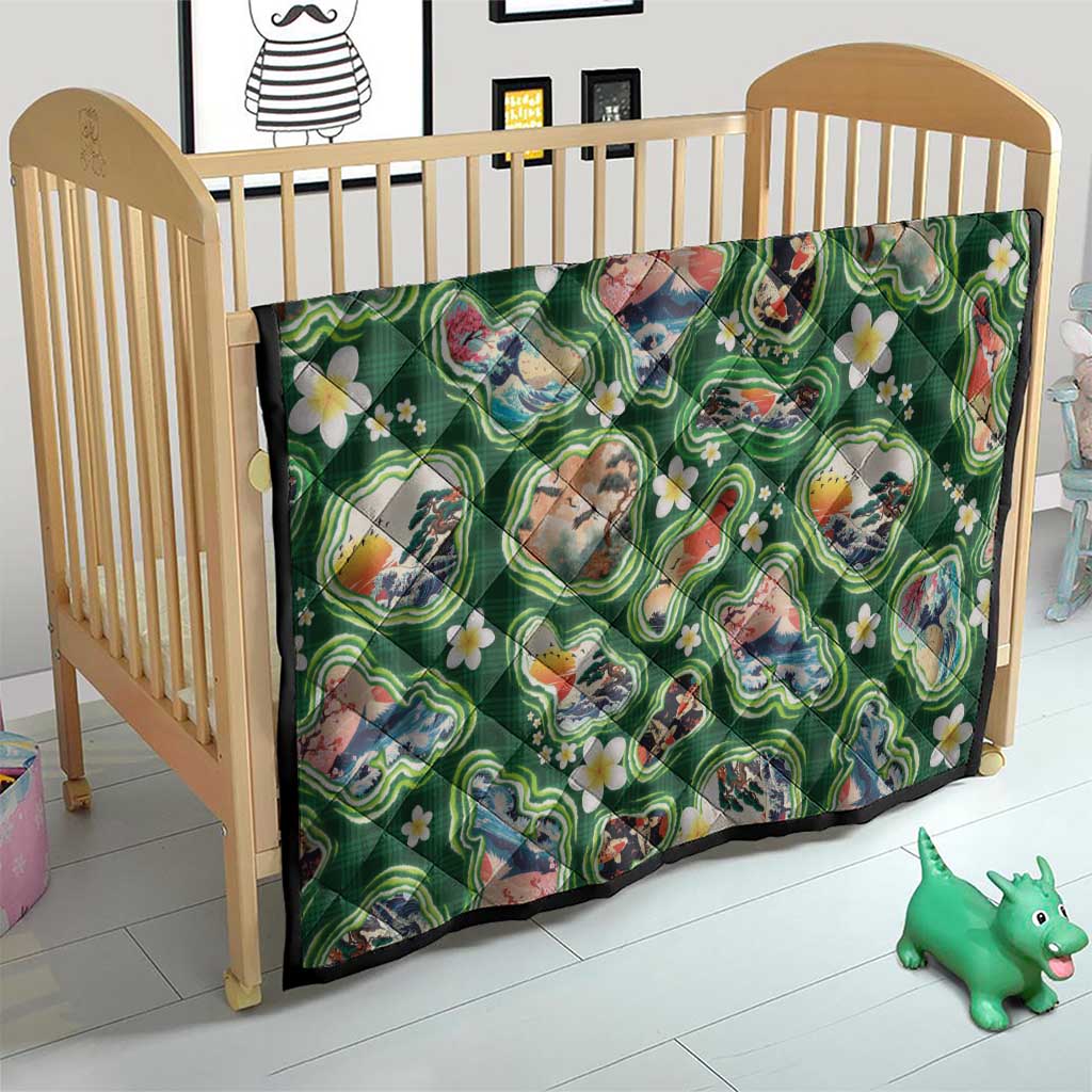 Hawaiian and Japanese Culture Together Quilt Hawaiian Island Shapes with Japanese Landscape Green Color