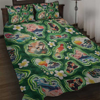 Hawaiian and Japanese Culture Together Quilt Bed Set Hawaiian Island Shapes with Japanese Landscape Green Color