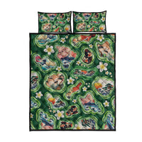 Hawaiian and Japanese Culture Together Quilt Bed Set Hawaiian Island Shapes with Japanese Landscape Green Color