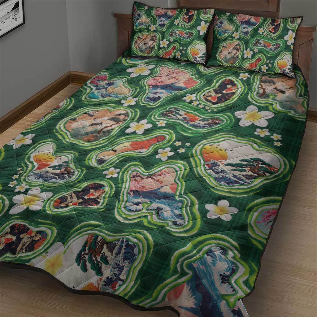 Hawaiian and Japanese Culture Together Quilt Bed Set Hawaiian Island Shapes with Japanese Landscape Green Color