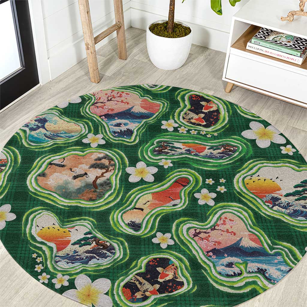 Hawaiian and Japanese Culture Together Round Carpet Hawaiian Island Shapes with Japanese Landscape Green Color LT03 Green - Polynesian Pride