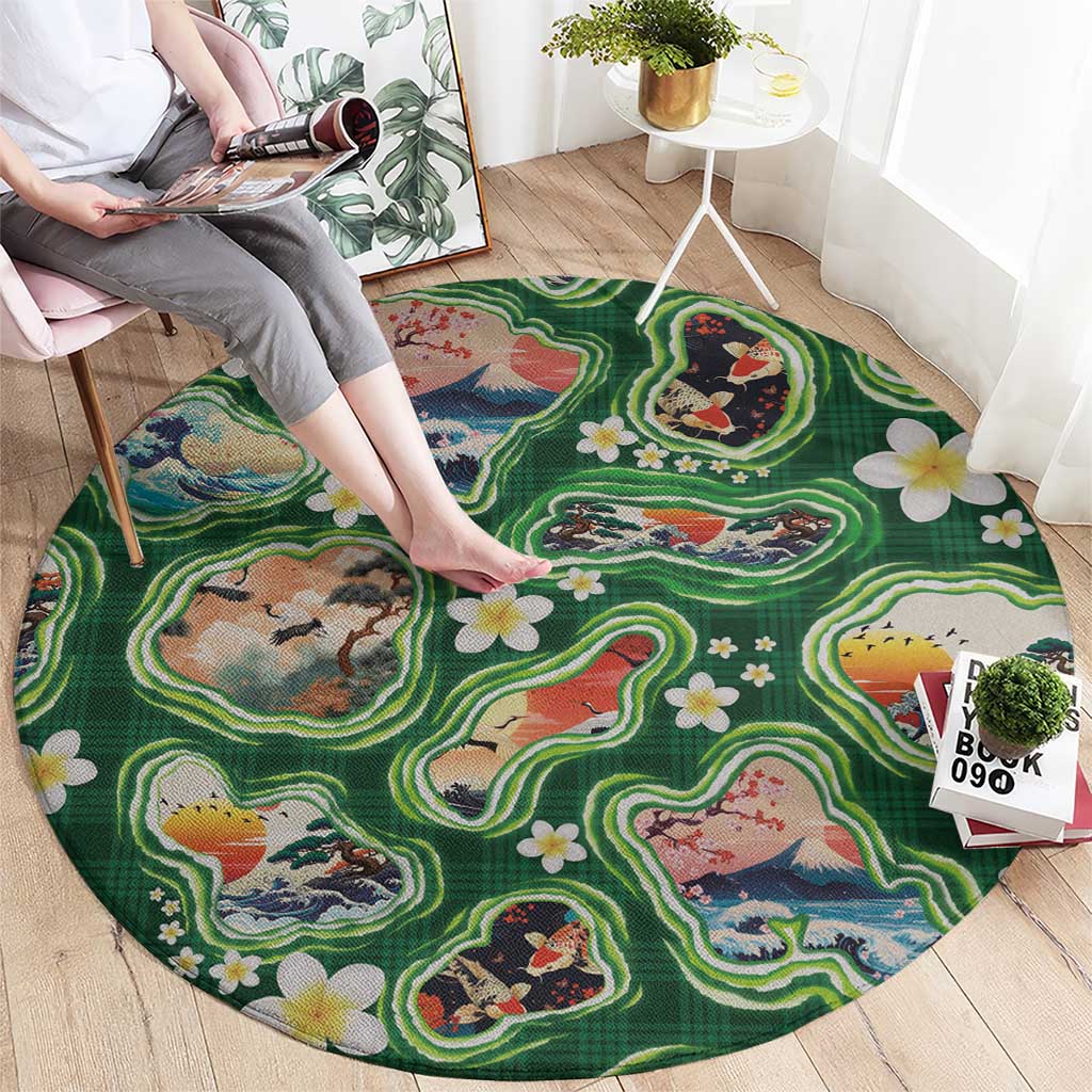 Hawaiian and Japanese Culture Together Round Carpet Hawaiian Island Shapes with Japanese Landscape Green Color