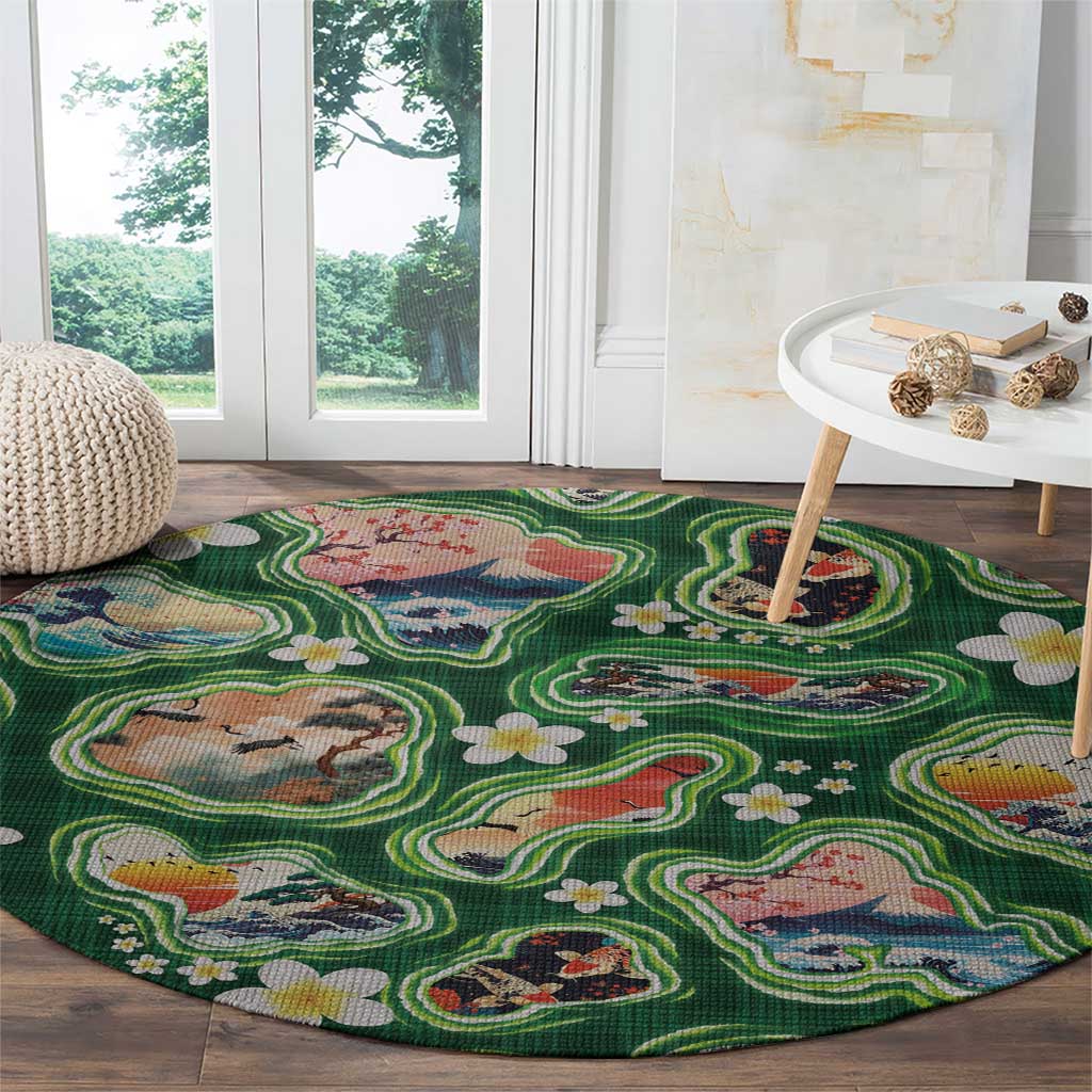 Hawaiian and Japanese Culture Together Round Carpet Hawaiian Island Shapes with Japanese Landscape Green Color