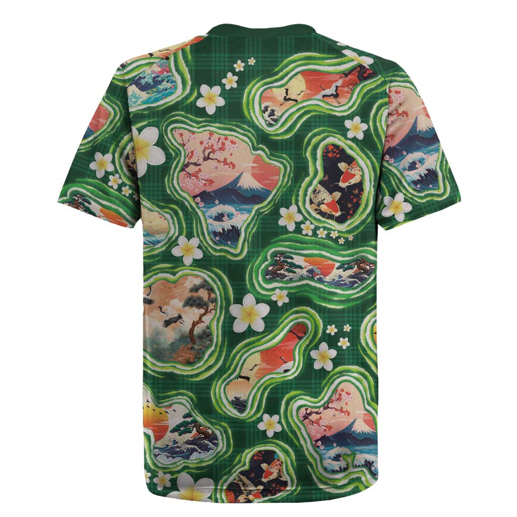 Hawaiian and Japanese Culture Together Rugby Jersey Hawaiian Island Shapes with Japanese Landscape Green Color