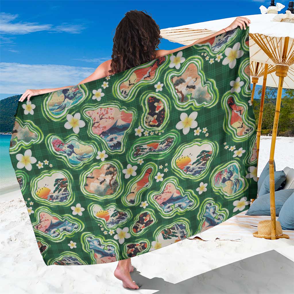 Hawaiian and Japanese Culture Together Sarong Hawaiian Island Shapes with Japanese Landscape Green Color