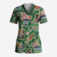 Hawaiian and Japanese Culture Together Scrub Top Hawaiian Island Shapes with Japanese Landscape Green Color