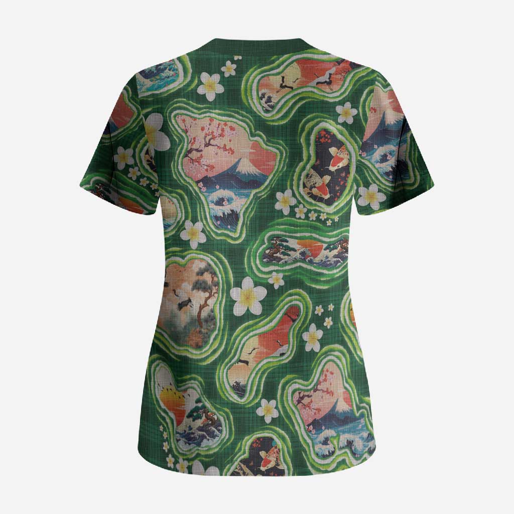 Hawaiian and Japanese Culture Together Scrub Top Hawaiian Island Shapes with Japanese Landscape Green Color