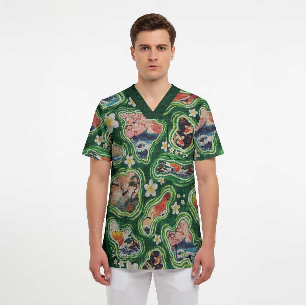 Hawaiian and Japanese Culture Together Scrub Top Hawaiian Island Shapes with Japanese Landscape Green Color