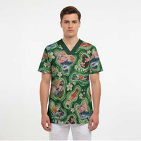 Hawaiian and Japanese Culture Together Scrub Top Hawaiian Island Shapes with Japanese Landscape Green Color