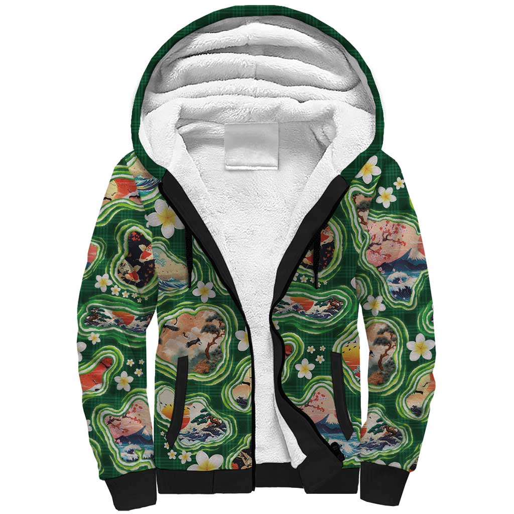 Hawaiian and Japanese Culture Together Sherpa Hoodie Hawaiian Island Shapes with Japanese Landscape Green Color