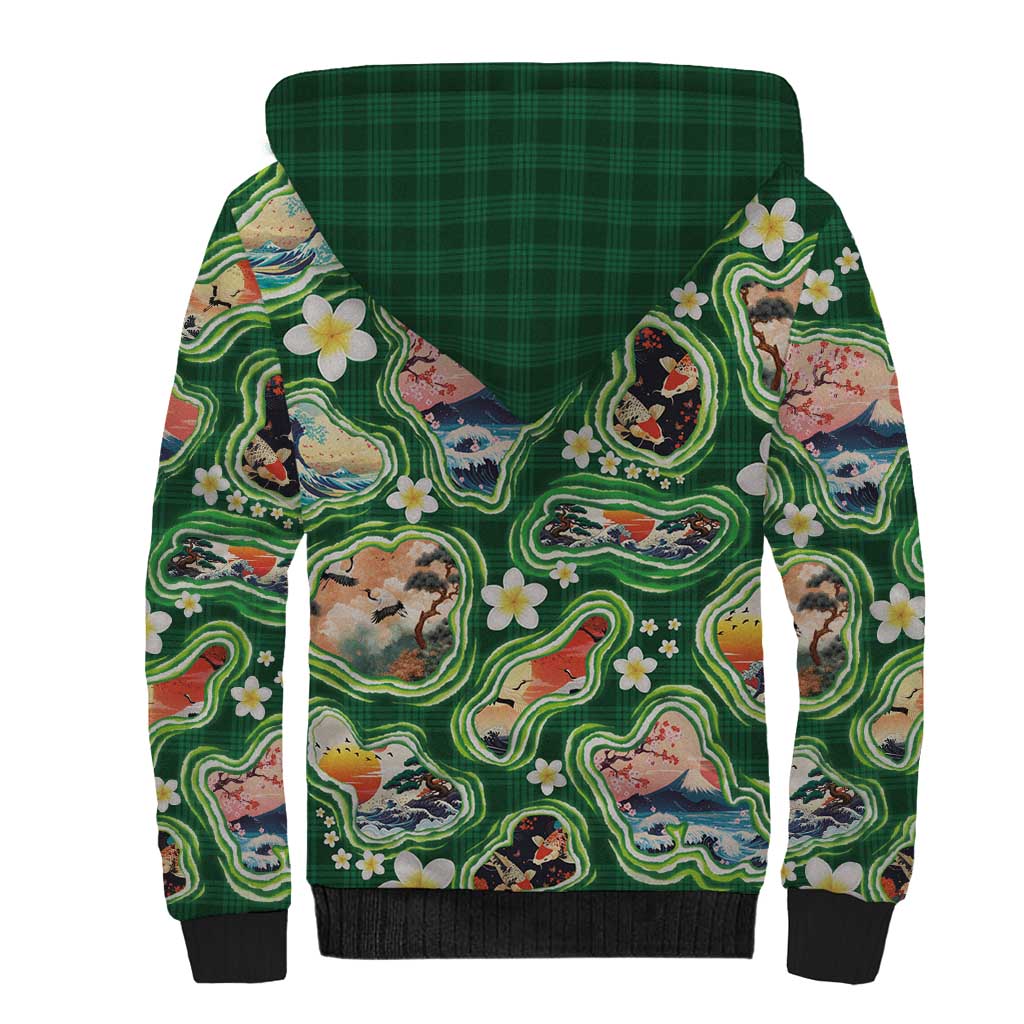 Hawaiian and Japanese Culture Together Sherpa Hoodie Hawaiian Island Shapes with Japanese Landscape Green Color