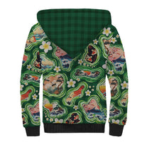 Hawaiian and Japanese Culture Together Sherpa Hoodie Hawaiian Island Shapes with Japanese Landscape Green Color