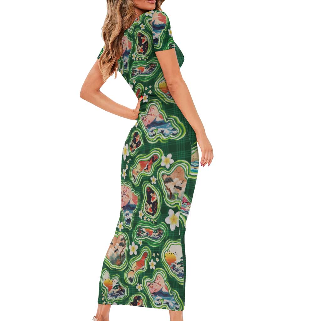 Hawaiian and Japanese Culture Together Short Sleeve Bodycon Dress Hawaiian Island Shapes with Japanese Landscape Green Color