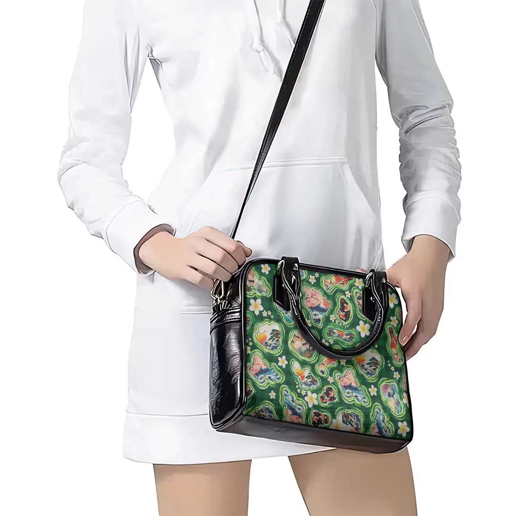 Hawaiian and Japanese Culture Together Shoulder Handbag Hawaiian Island Shapes with Japanese Landscape Green Color