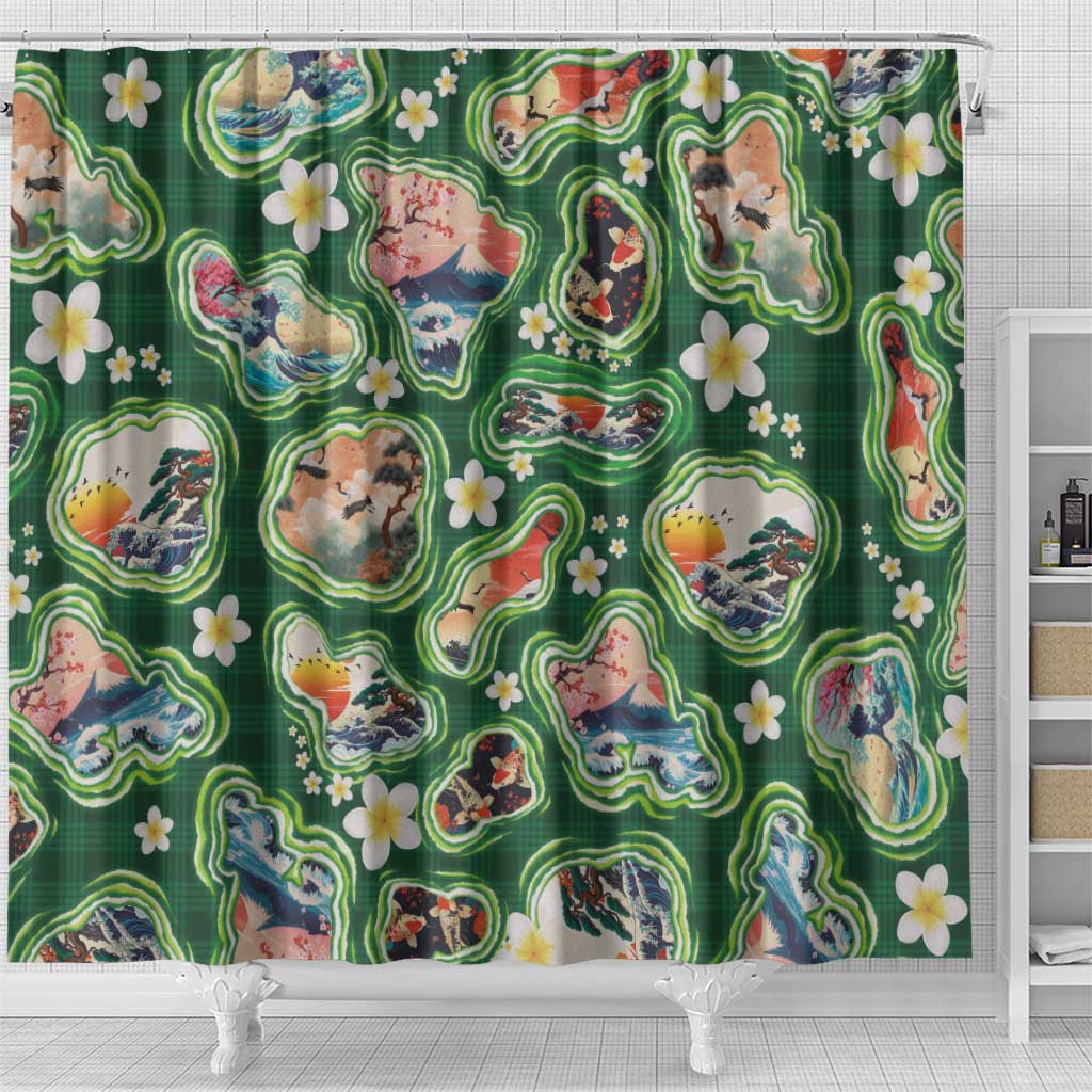 Hawaiian and Japanese Culture Together Shower Curtain Hawaiian Island Shapes with Japanese Landscape Green Color