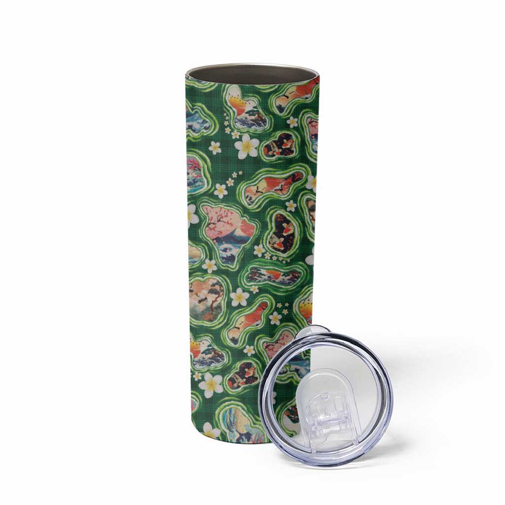 Hawaiian and Japanese Culture Together Skinny Tumbler Hawaiian Island Shapes with Japanese Landscape Green Color