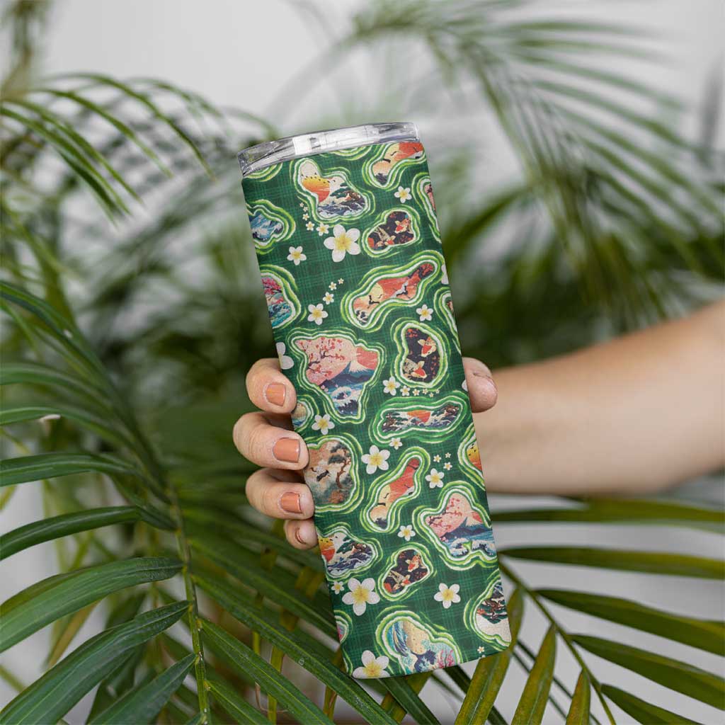 Hawaiian and Japanese Culture Together Skinny Tumbler Hawaiian Island Shapes with Japanese Landscape Green Color