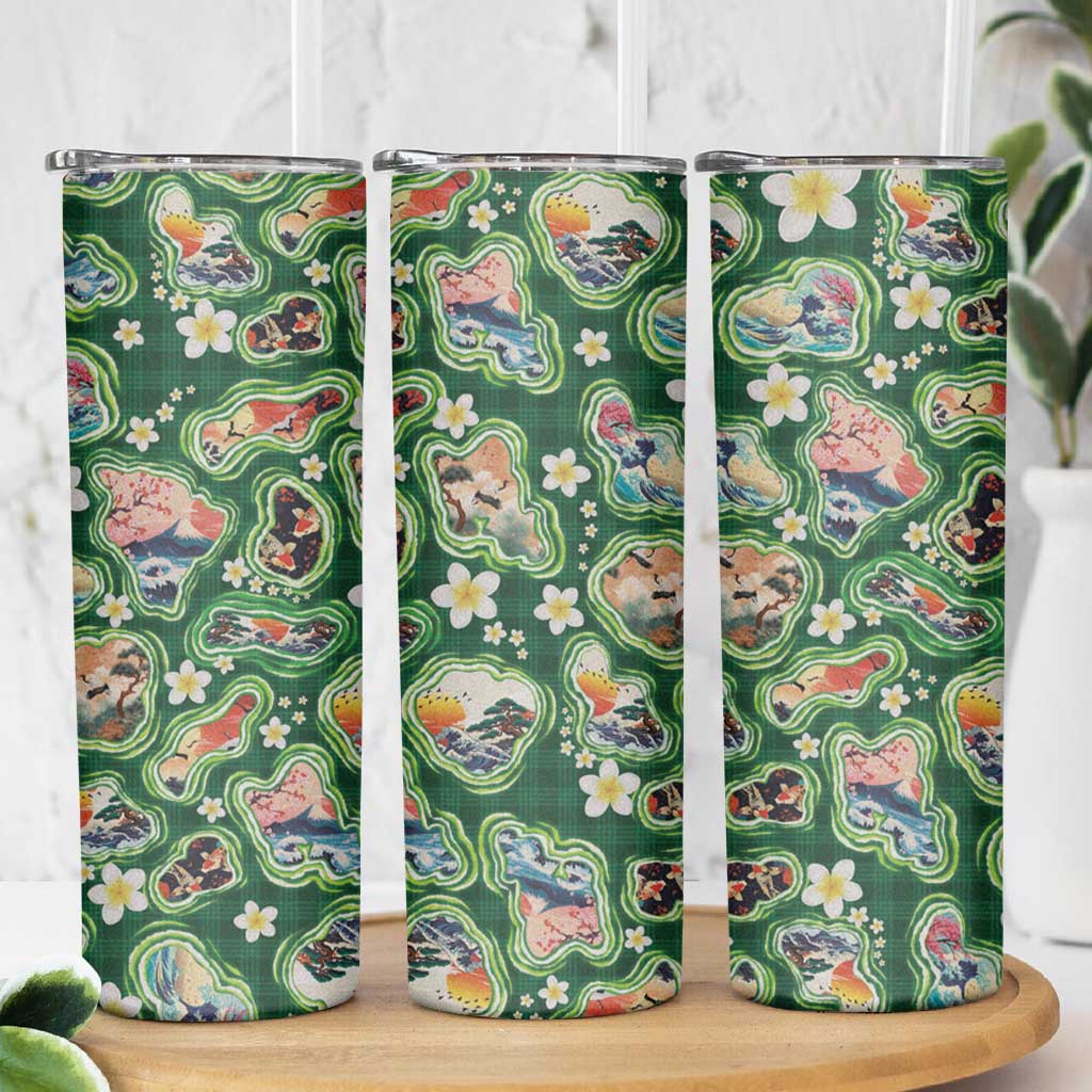Hawaiian and Japanese Culture Together Skinny Tumbler Hawaiian Island Shapes with Japanese Landscape Green Color
