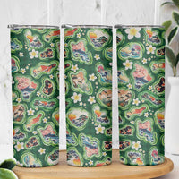 Hawaiian and Japanese Culture Together Skinny Tumbler Hawaiian Island Shapes with Japanese Landscape Green Color